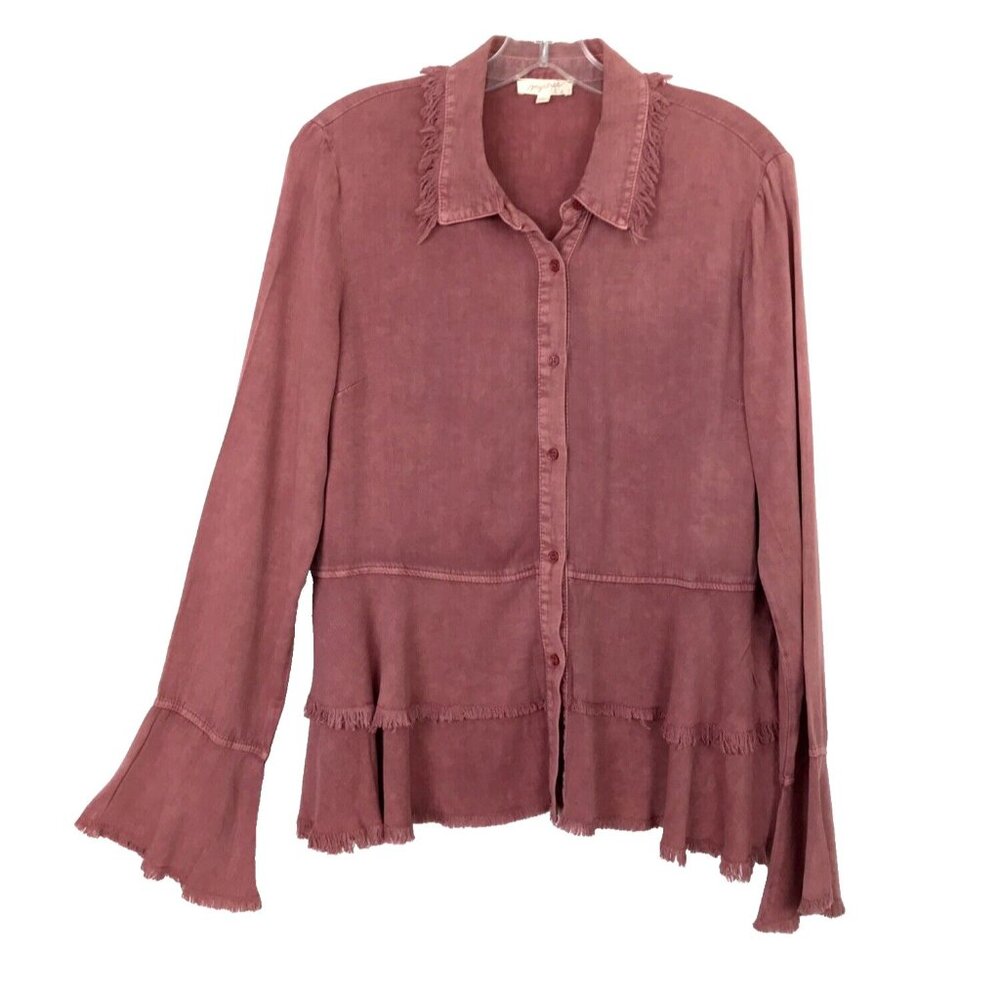 MYSTREE Fringe Peplum Bell Sleeve Blouse Frayed Tiered Boho Button Down Size S